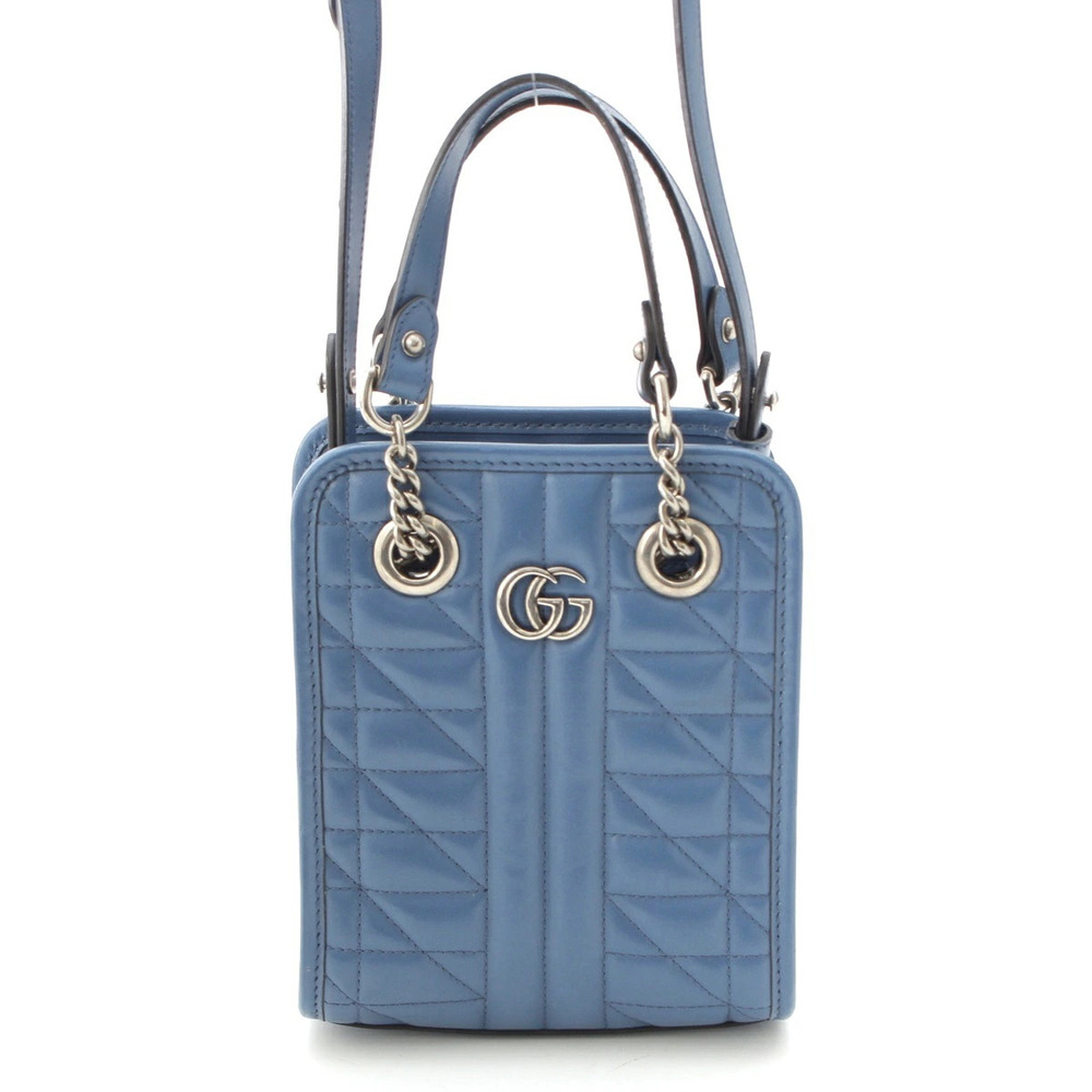 Gucci GG Marmont Leather Quilted Shoulder Handbag Blue x Silver